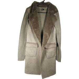 Love Token Women's Harlow S Brown Faux Fur Wide Collar Knit Trench Jacket Coat